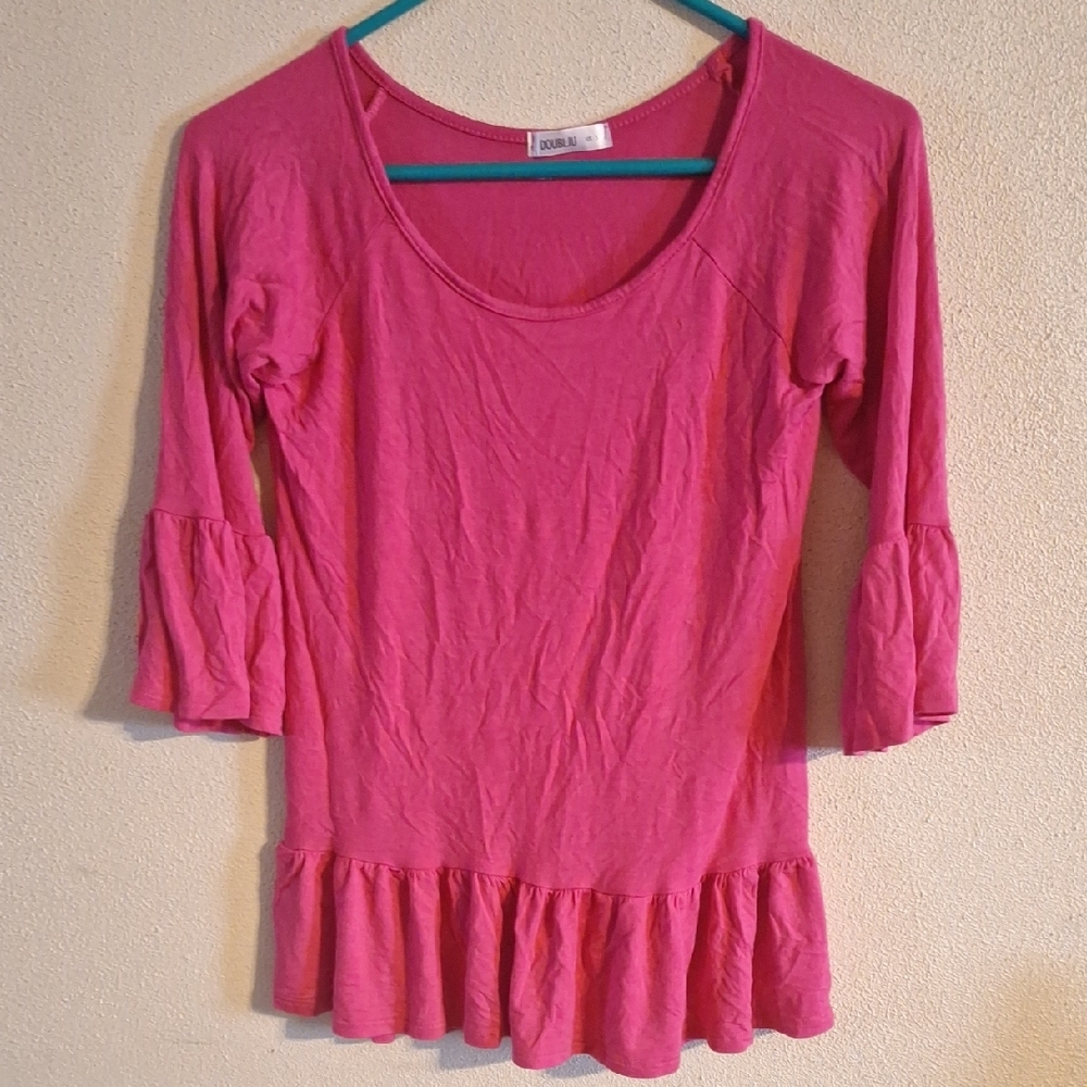 Doublju Pink Fitted Ruffled Blouse 3/4 Sleeves